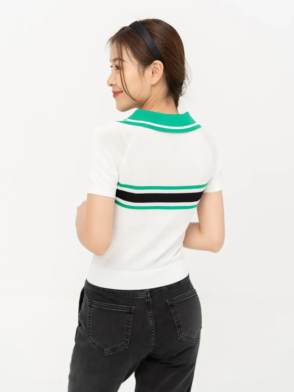 Áo Polo Dệt Phối Kẻ - Trắng - S