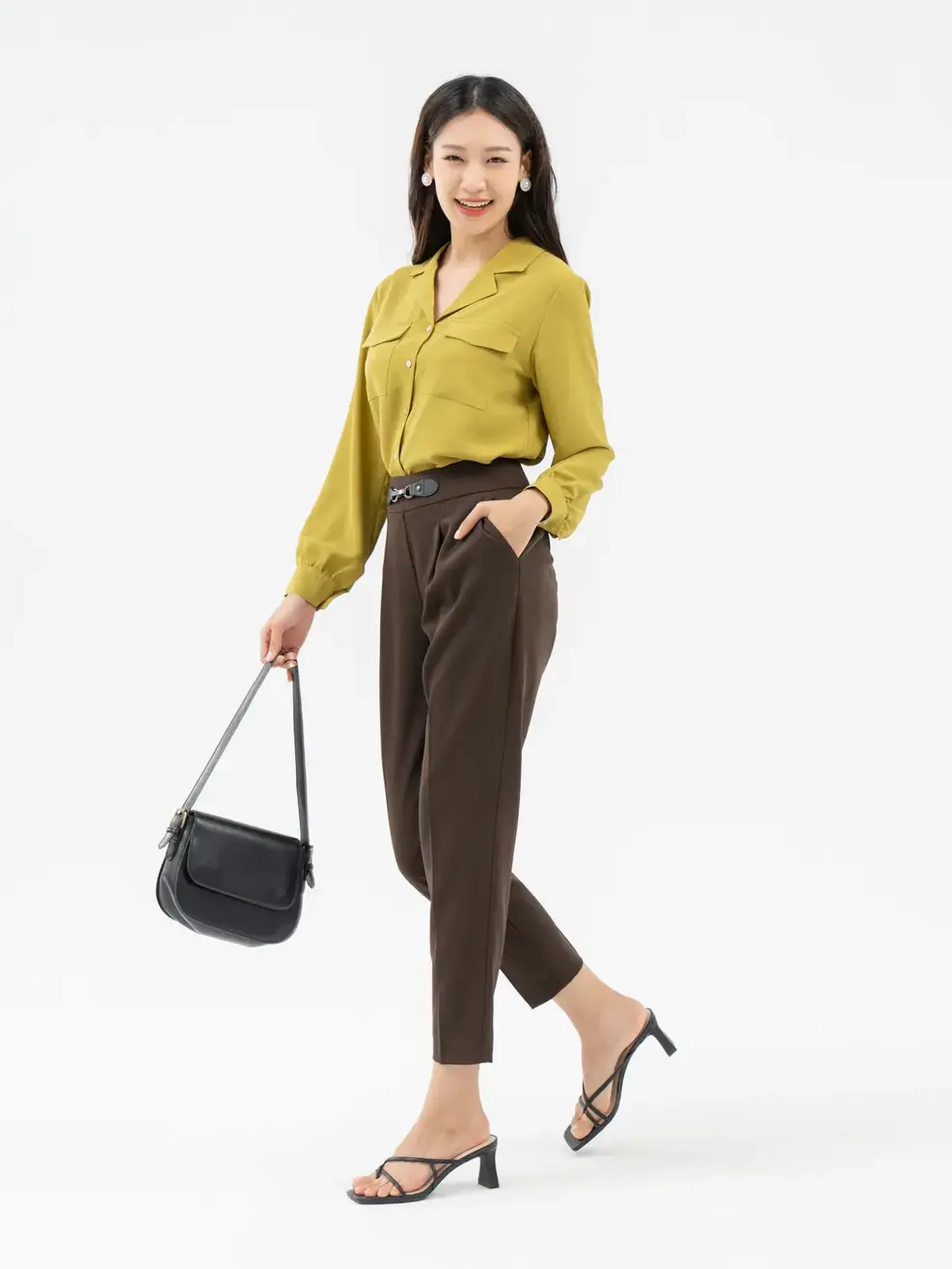  Quần Tây Nữ Baggy Cạp Phối Mặt Đai - Nâu đậm - L