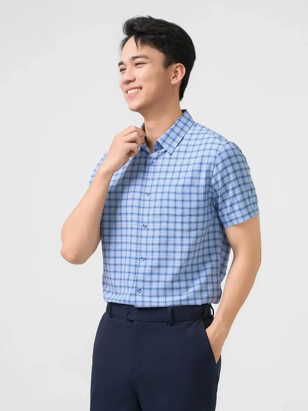 Sơ Mi Cộc Tay Nam Nano Kẻ Caro Túi Ngực - Xanh - M