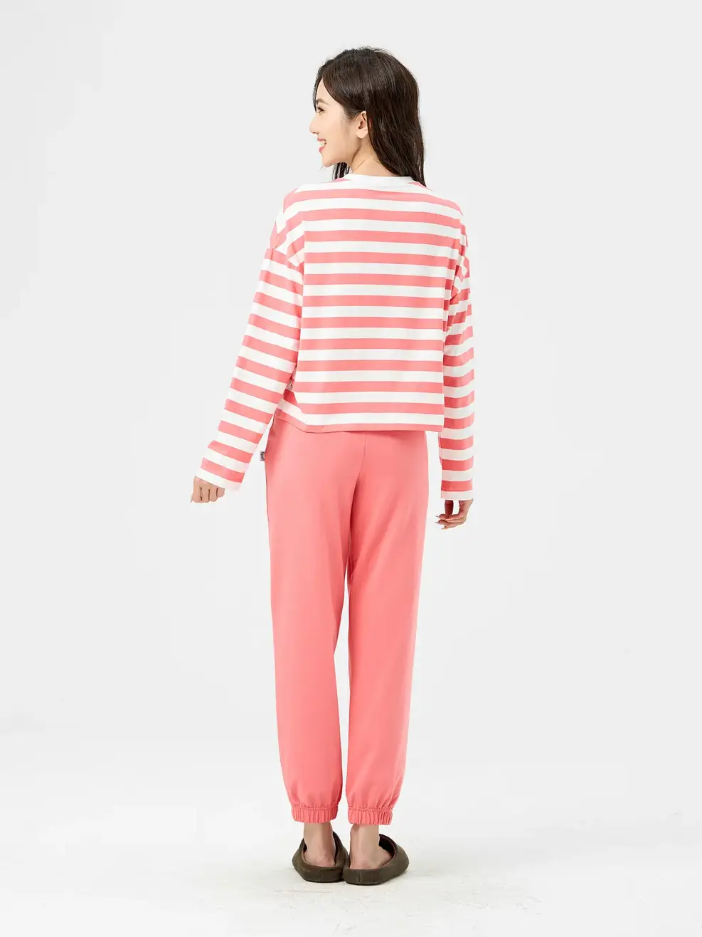 Bộ Đông Nữ Phối Áo Kẻ - Hồng - S