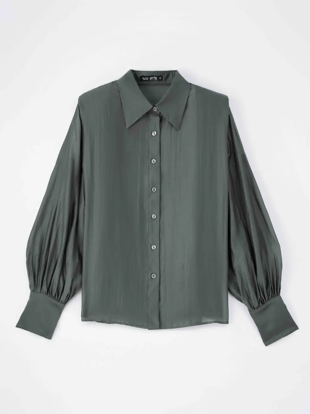 Sơ Mi Dài Tay Nữ  Độn Vai Cổ Nhọn Cá Tính - Ghi Đậm - S