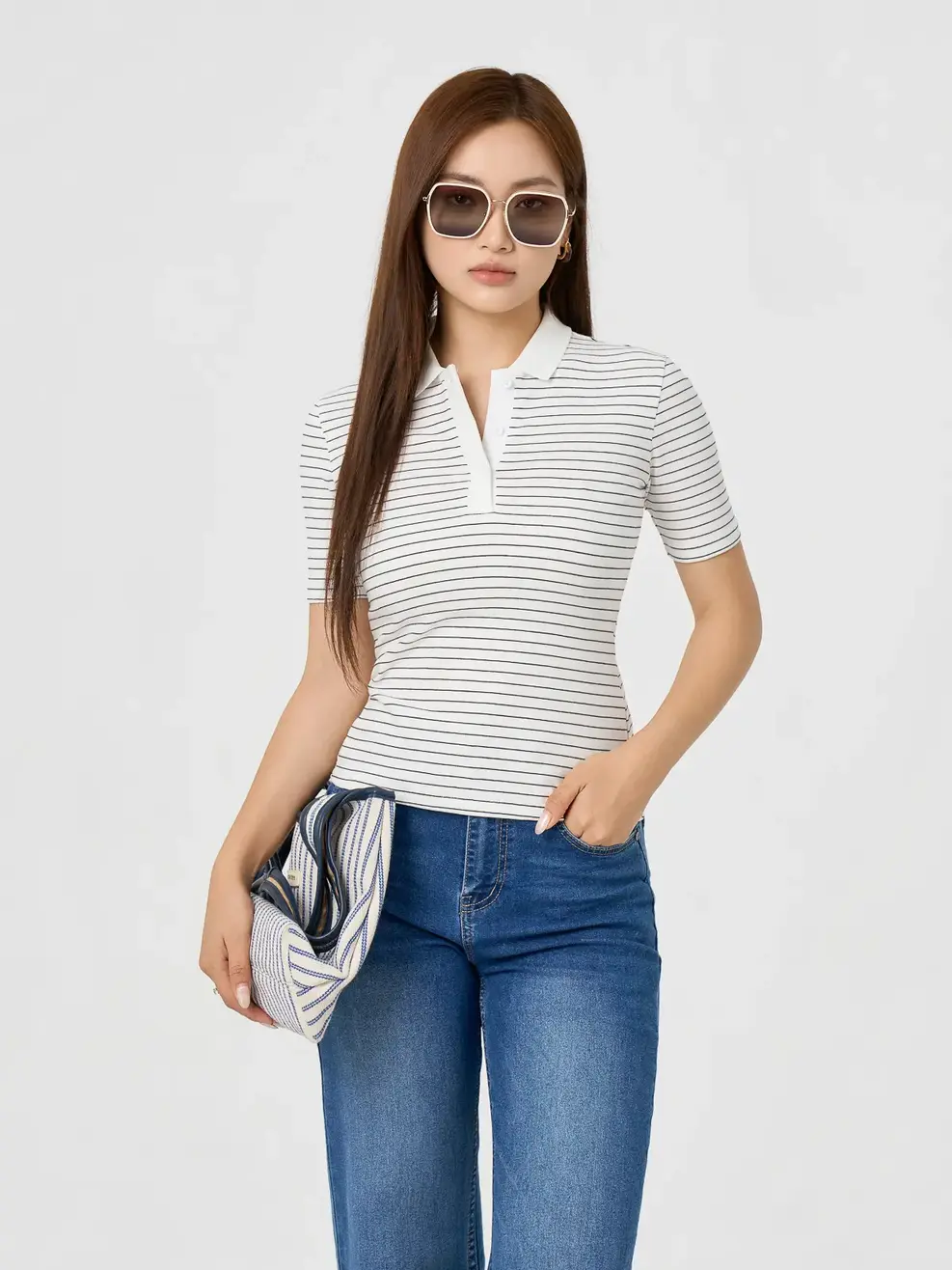 Áo Polo Nữ Kẻ Phối Bo Cổ - TRẮNG KẺ 1 - XS