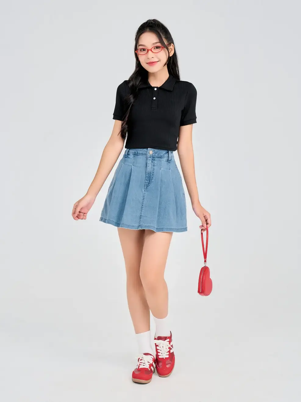 Chân Váy Jeans Ngắn Xếp Ly Có Lót  - Xanh nhạt - 25