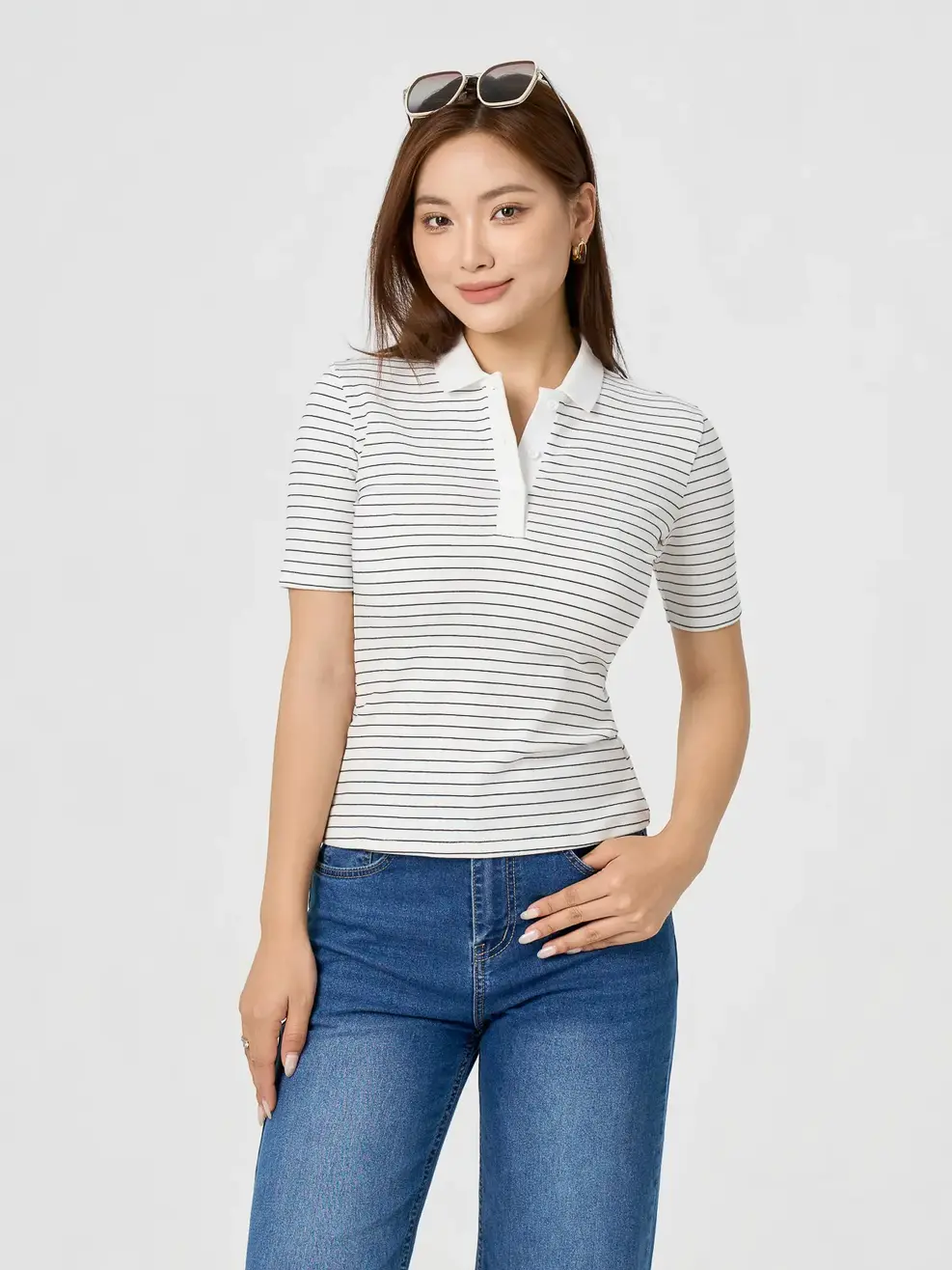 Áo Polo Nữ Kẻ Phối Bo Cổ - TRẮNG KẺ 1 - XS
