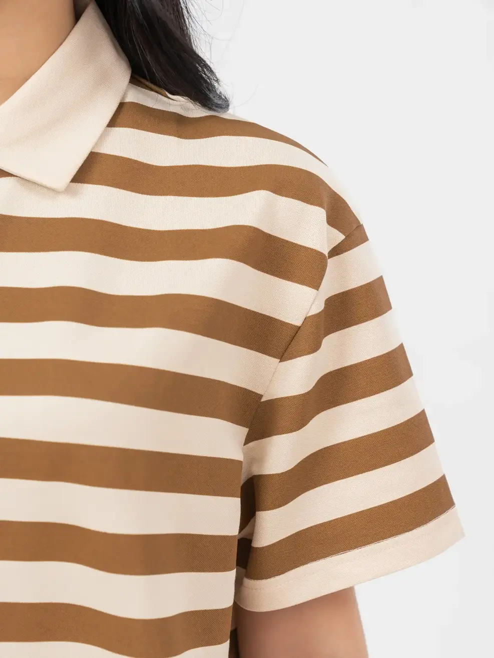 Áo Polo Nữ Mắt Chim Kẻ Ngang - kem kẻ nâu - S