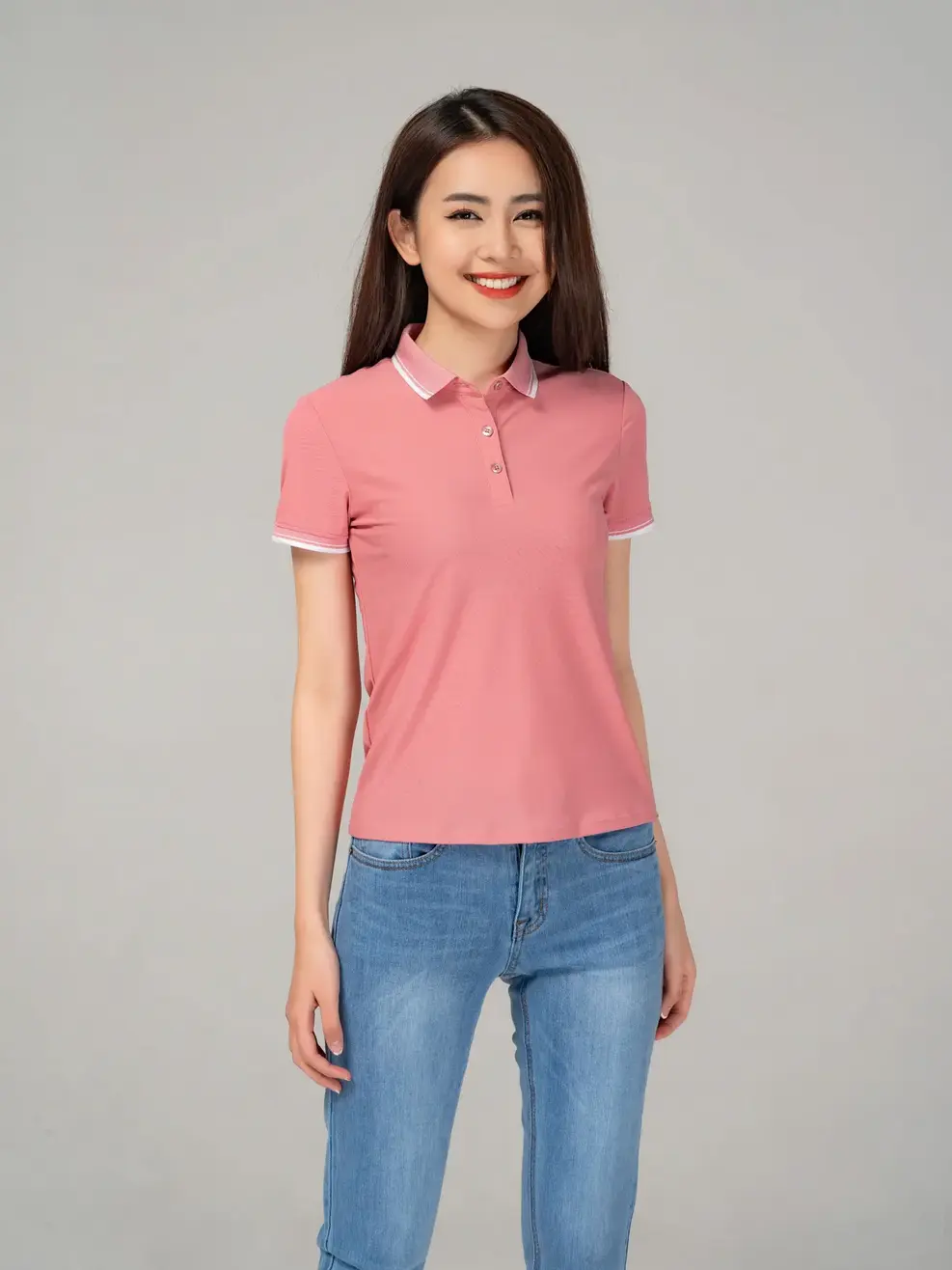 Áo polo nữ airy cool bo kẻ - Hồng - S