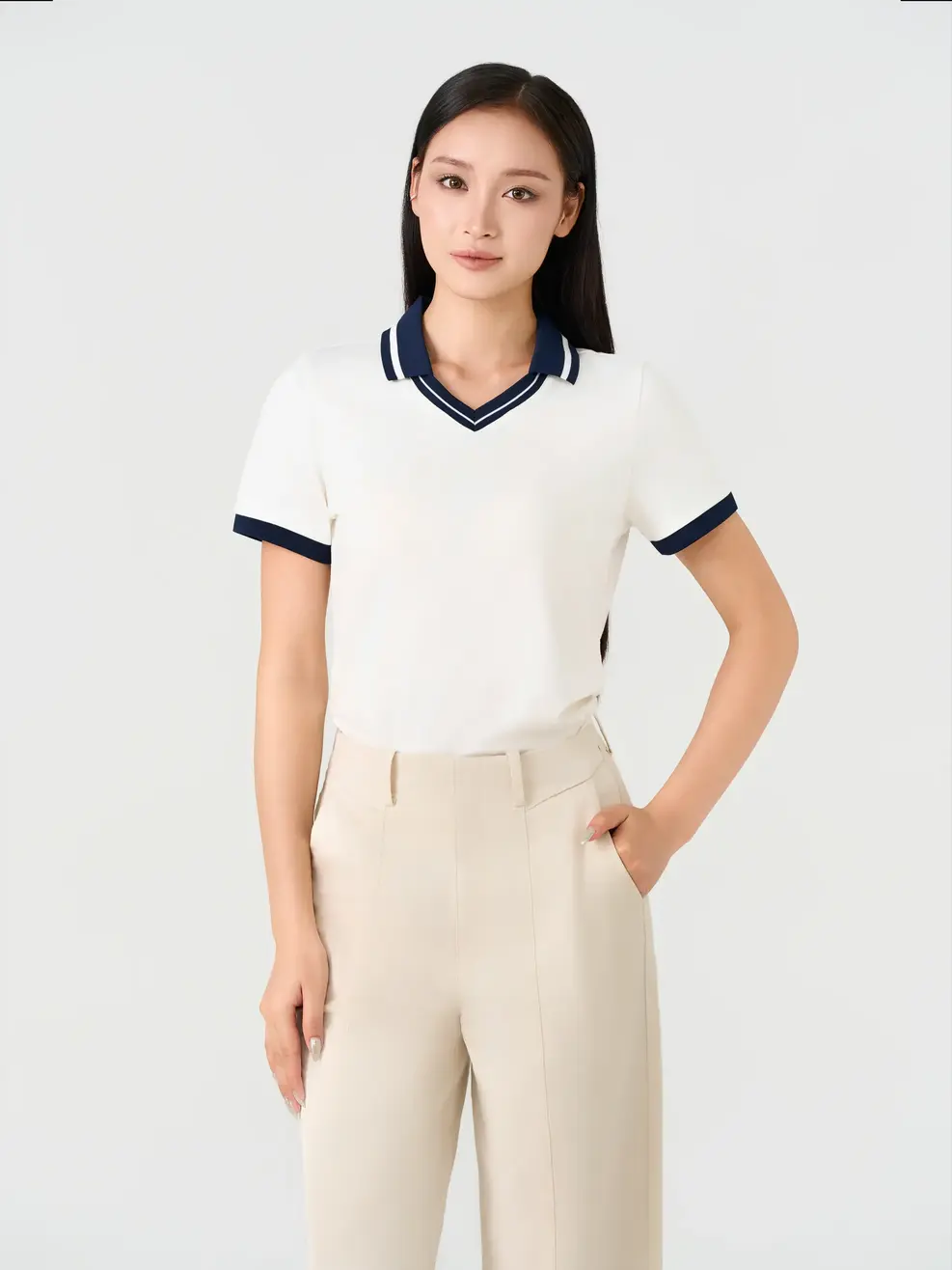 Áo Polo Nữ Slimfit Cổ V Phối Màu - Trắng 001 - S