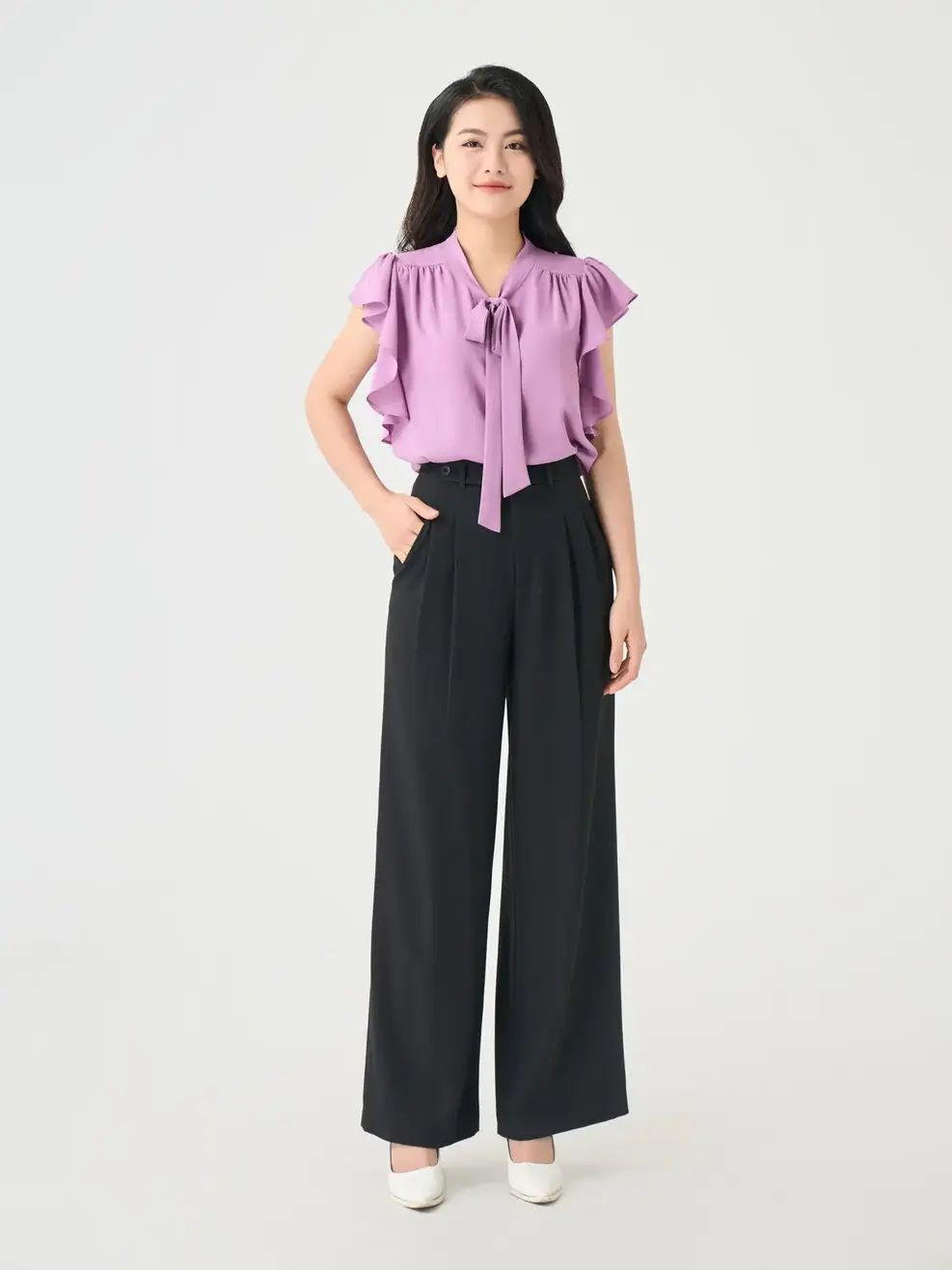 Quần Âu Nữ Dáng Suông Ly Túi Cơi Chéo - Đen - S