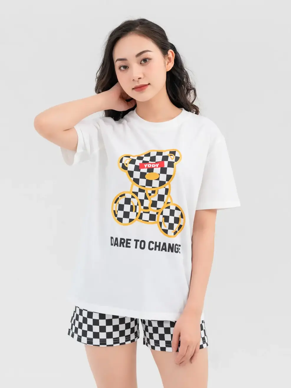 Đồ Bộ Nữ Dáng Rộng In Gấu Caro Cotton Usa - Trắng đen - S