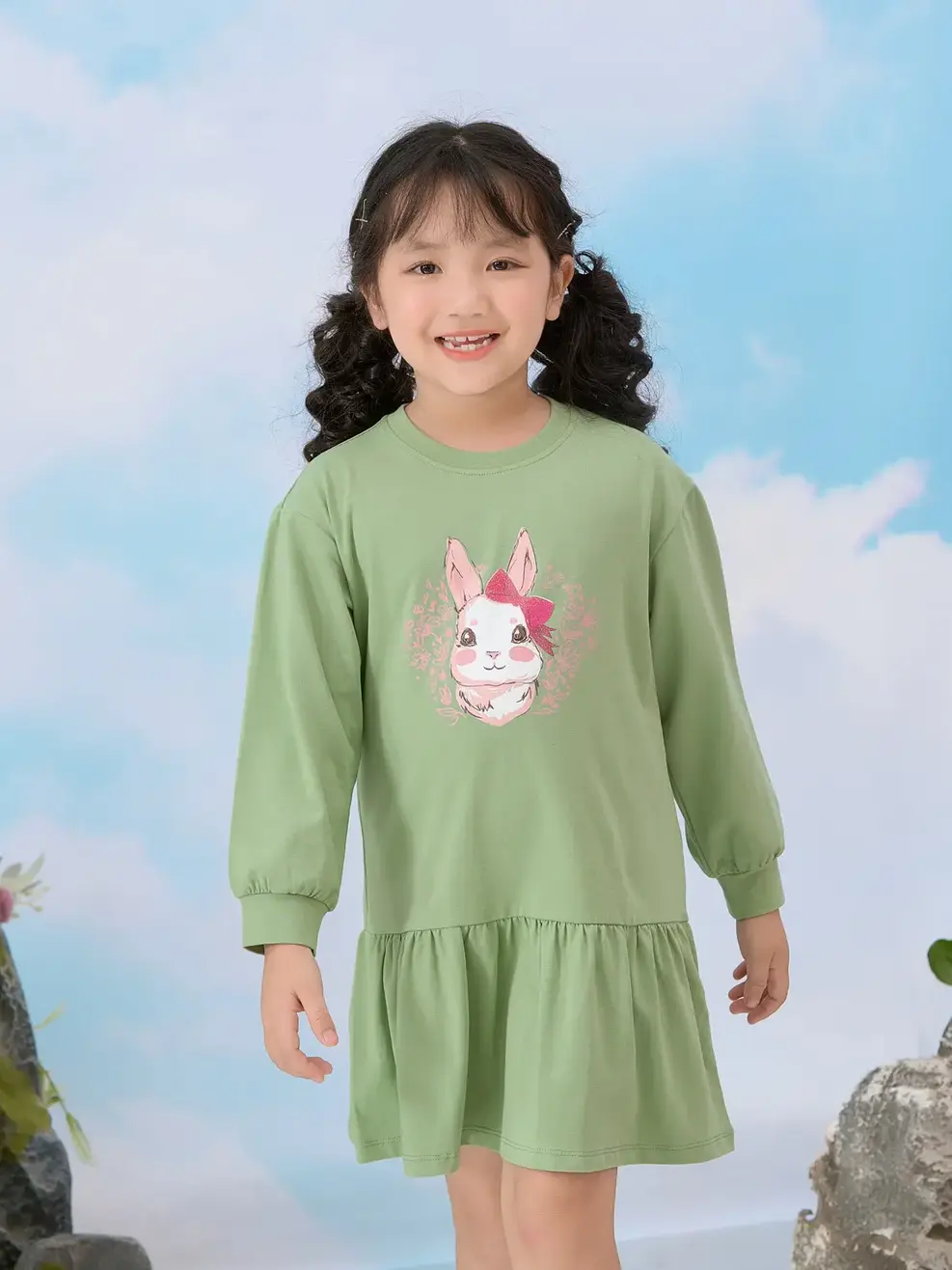 Đầm kid in thỏ - Xanh ngọc - 2