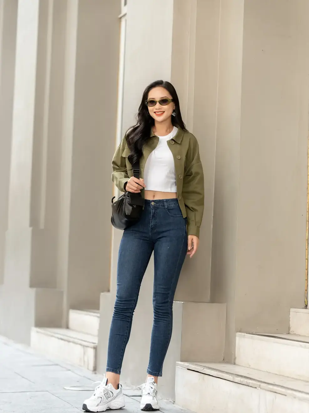 Quần jeans nữ skinny thêu túi - Xanh đậm