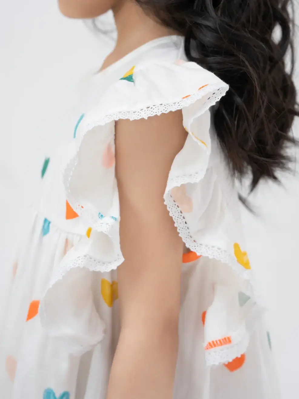 Đầm Kid Họa Tiết Trái Tim Phối Dây Ren - Trắng Họa Tiết. - 2