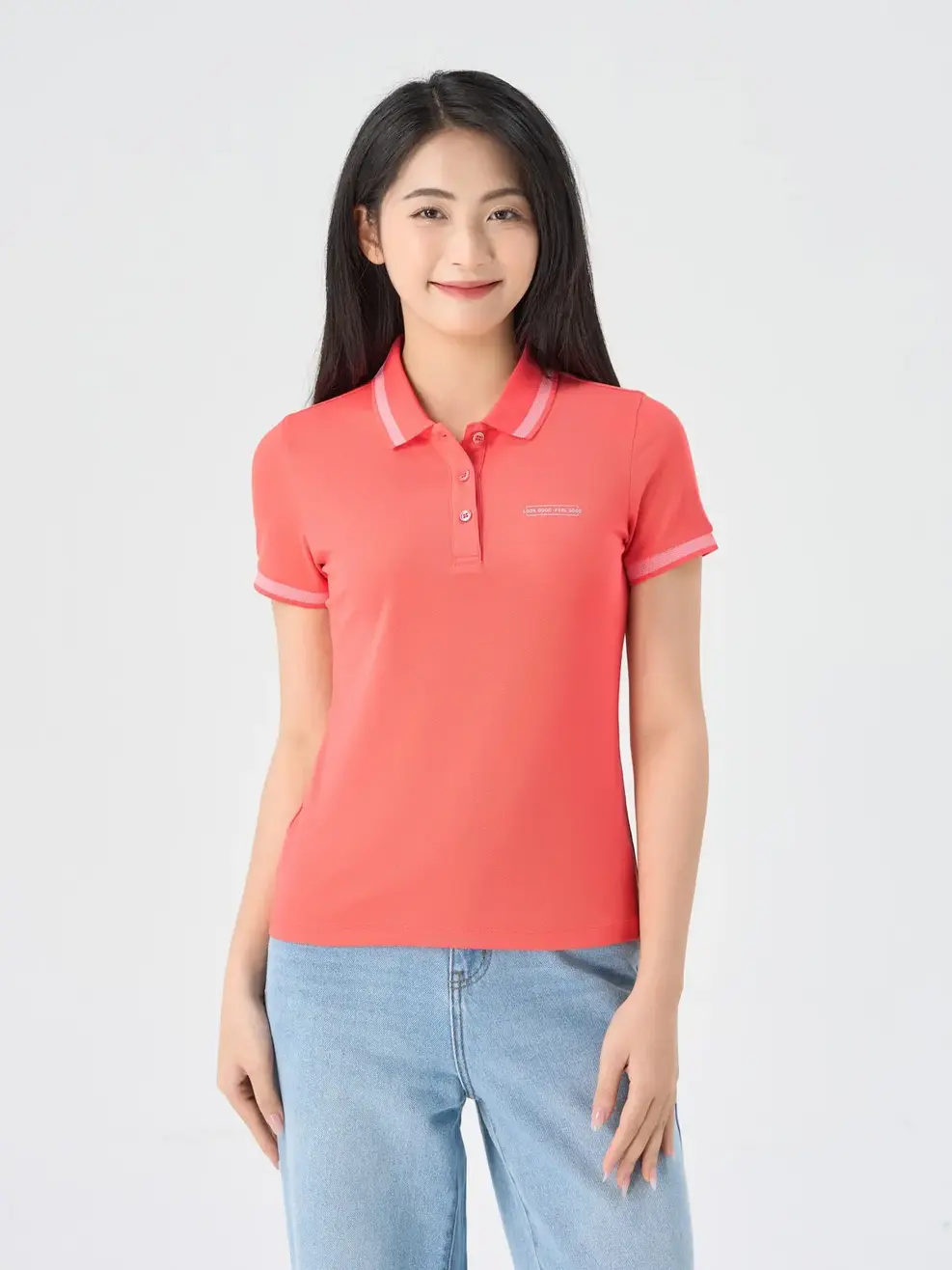 Polo Nữ Cafe Dệt Tổ Ong In Ngực - Hồng cam - S