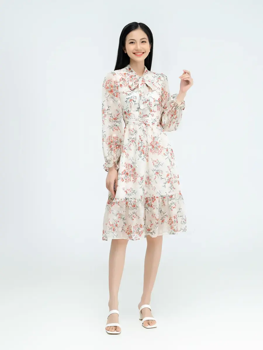 Đầm hoa nhí cổ buộc nơ - Hồng - M