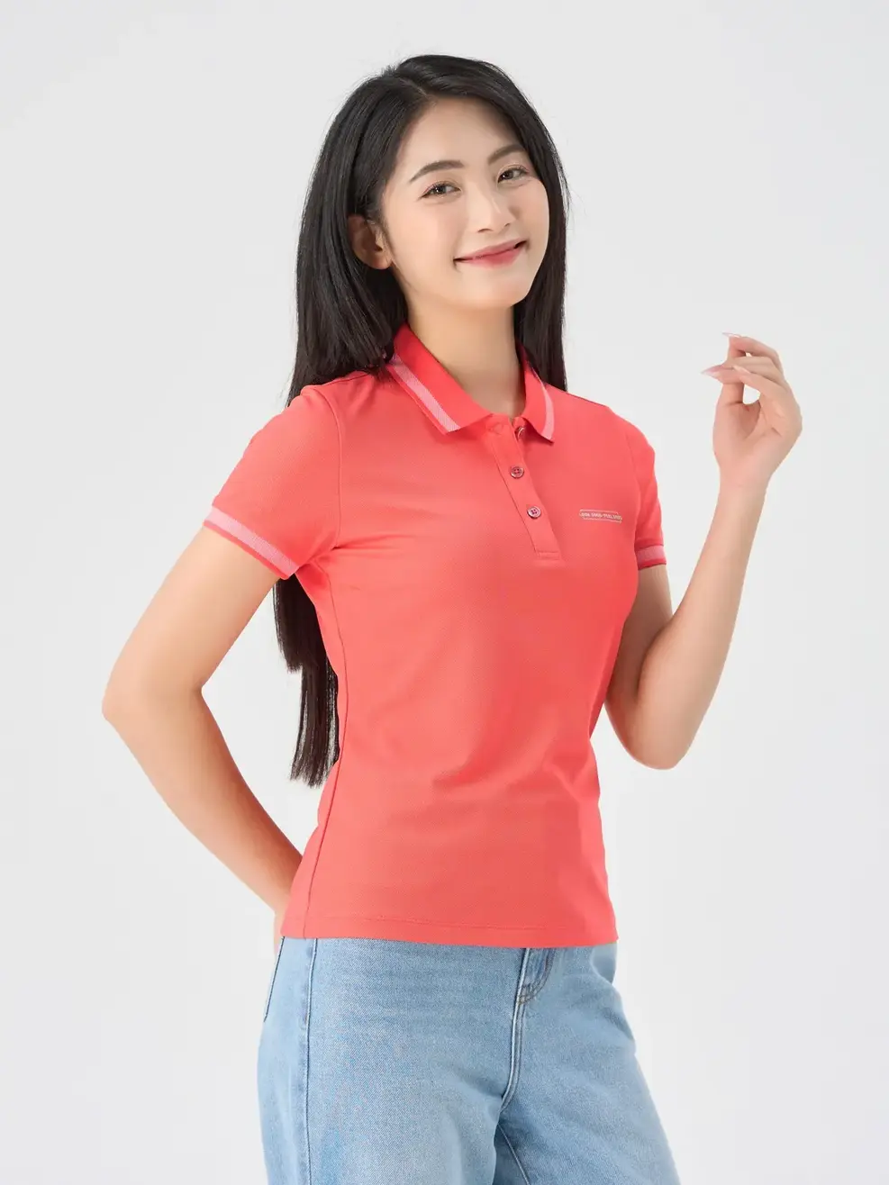 Polo Nữ Cafe Dệt Tổ Ong In Ngực - Hồng cam - S