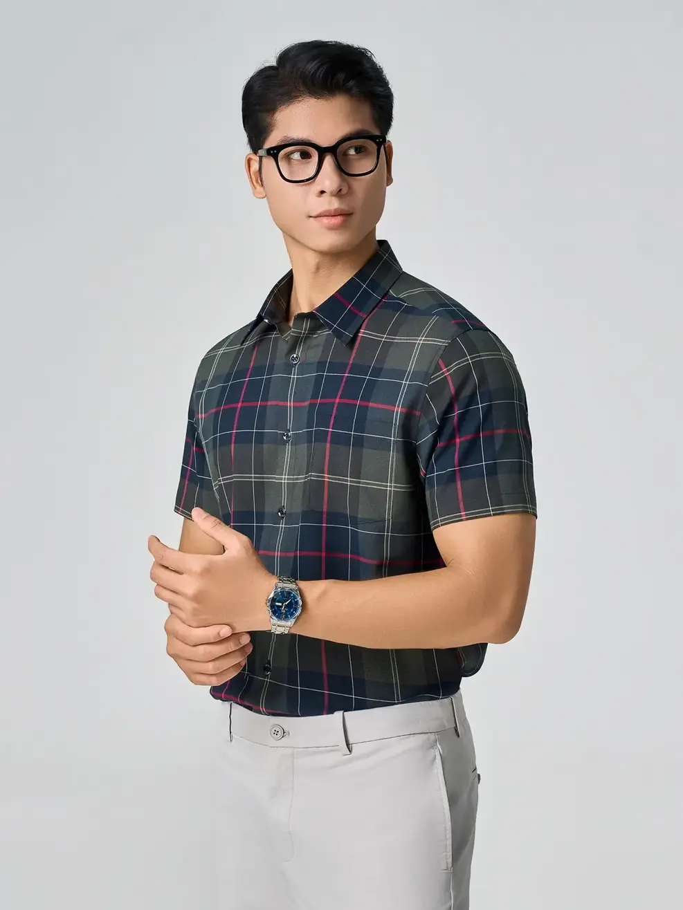 Áo Sơ-mi Nam Kẻ Caro Túi Ngực - Kẻ Tím Than 100 - S