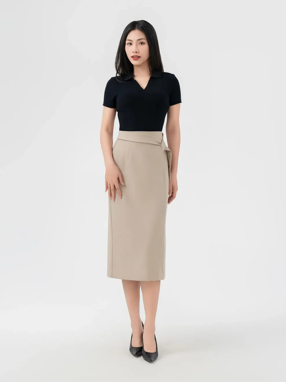 Chân Váy Nữ Bút Chì Vạt Đai Chéo - Be - S