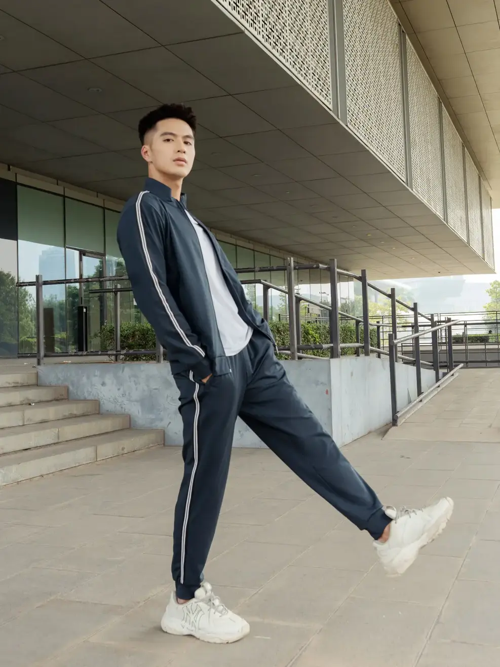 Bộ đồ thể thao nam nỉ Double Face phối dây dệt - Xanh than - XL