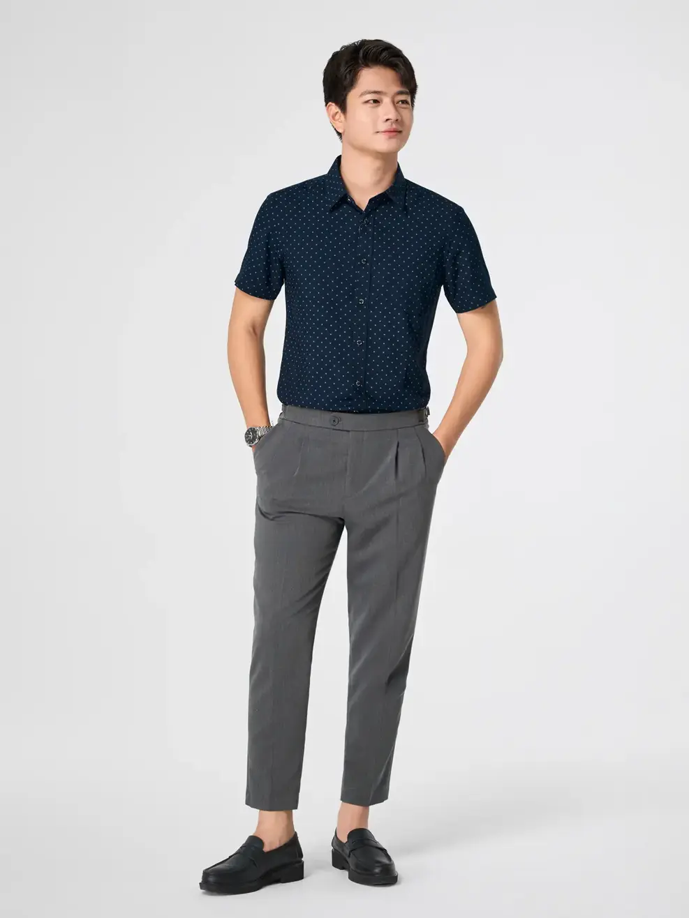 Áo Sơ-mi Nam Họa Tiết Cộc Tay Túi Ngực - Họa tiết tím than 099 - S