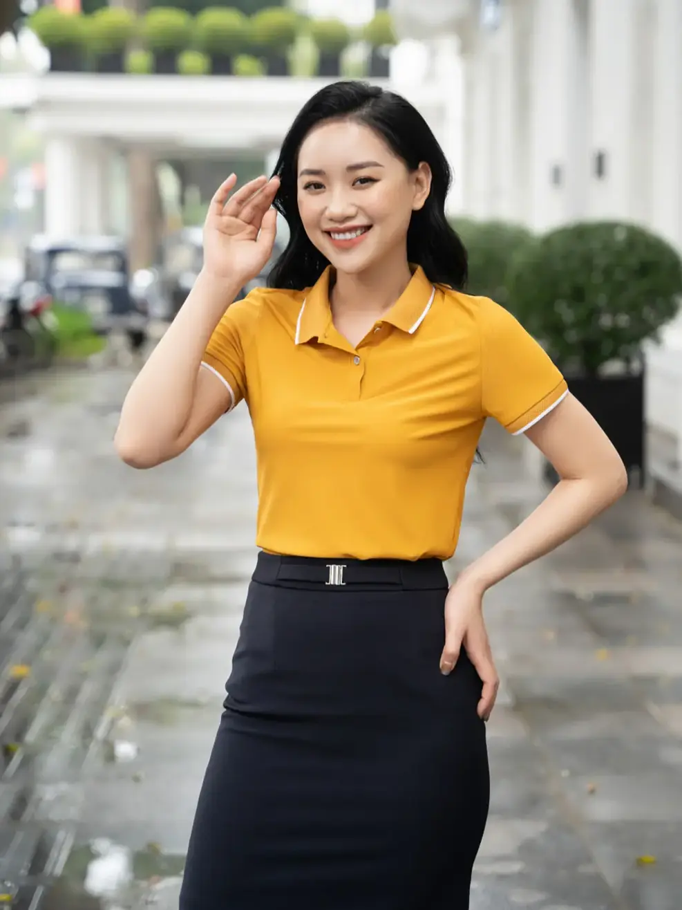 Áo Polo nữ Airycool bo quả trám - Vàng - S