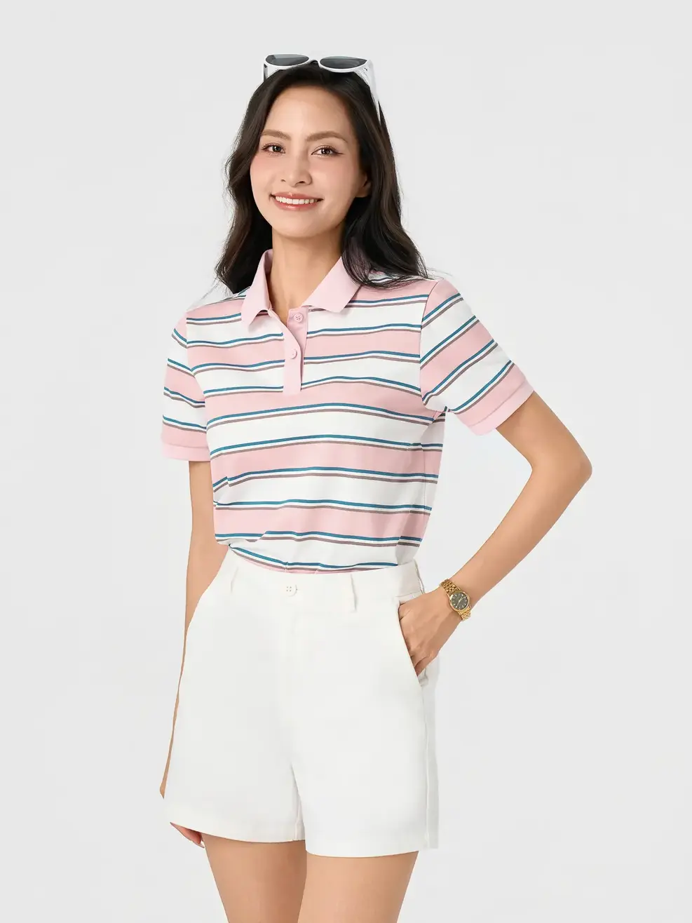 Áo Polo Nữ Phom Regular Kẻ Ngang - Kẻ Hồng 143 - S