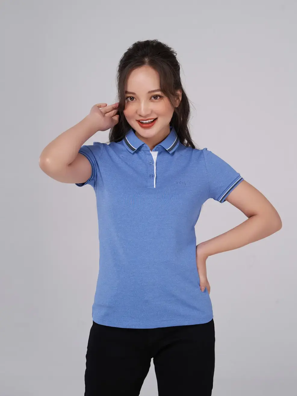 Polo nữ sợi xe phối nẹp - Xanh dương - XL