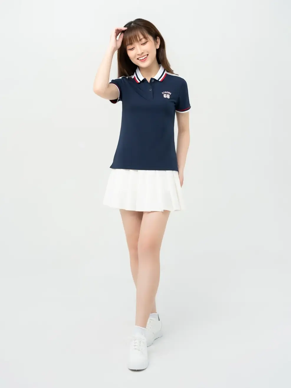Polo Nữ Cafe Phối Tay - Navy phối Trắng - S