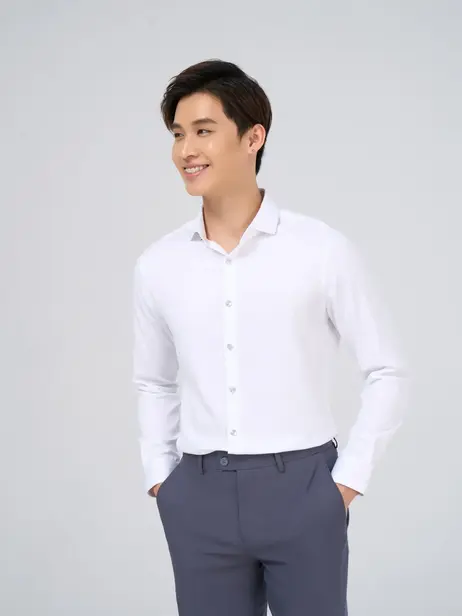 Áo sơ mi trắng nam polyester nano solid tay dài