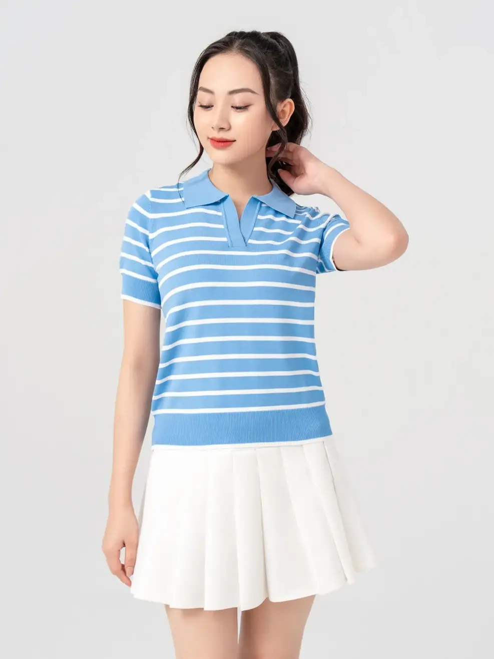 Áo len nữ kẻ cổ polo - Xanh trắng - S