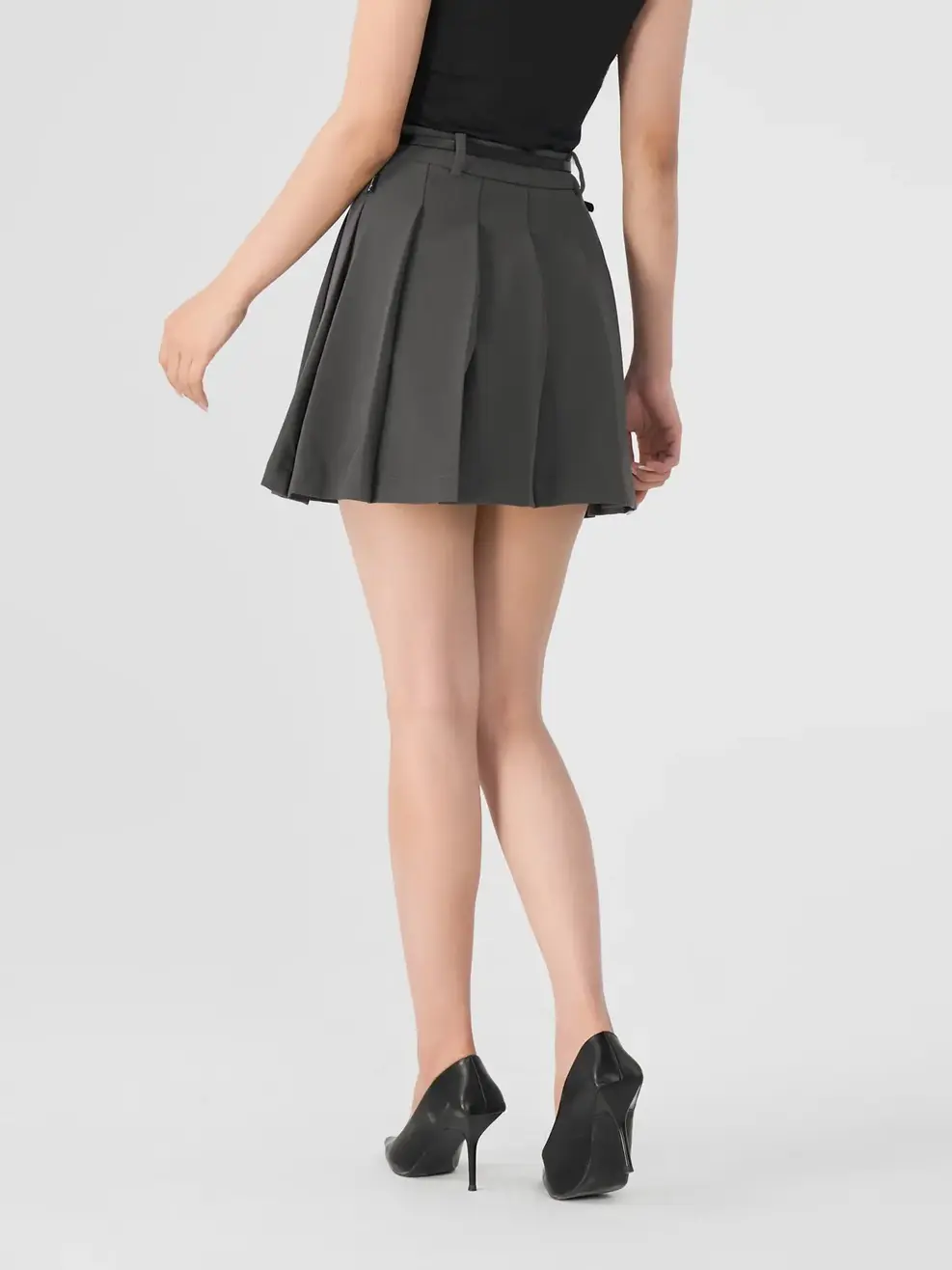 Chân Váy Nữ Xoè Súp Ly Kèm Đai Da - Ghi Đậm - S