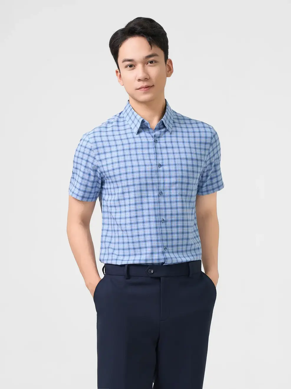Sơ Mi Cộc Tay Nam Nano Kẻ Caro Túi Ngực - Xanh - M