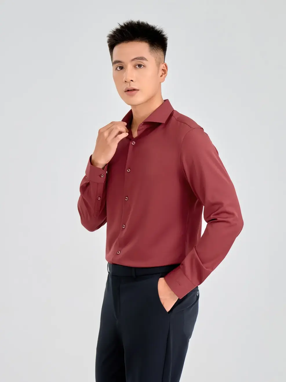 Sơ Mi Dài Tay Nam Nano Phối Cổ - Đỏ đậm - M