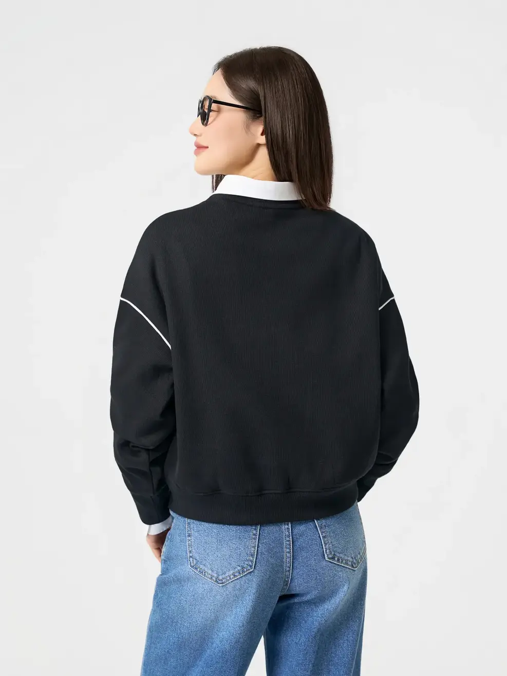 Áo Nỉ Oversize Lửng Thêu Thân Trước - ĐEN 002 - S