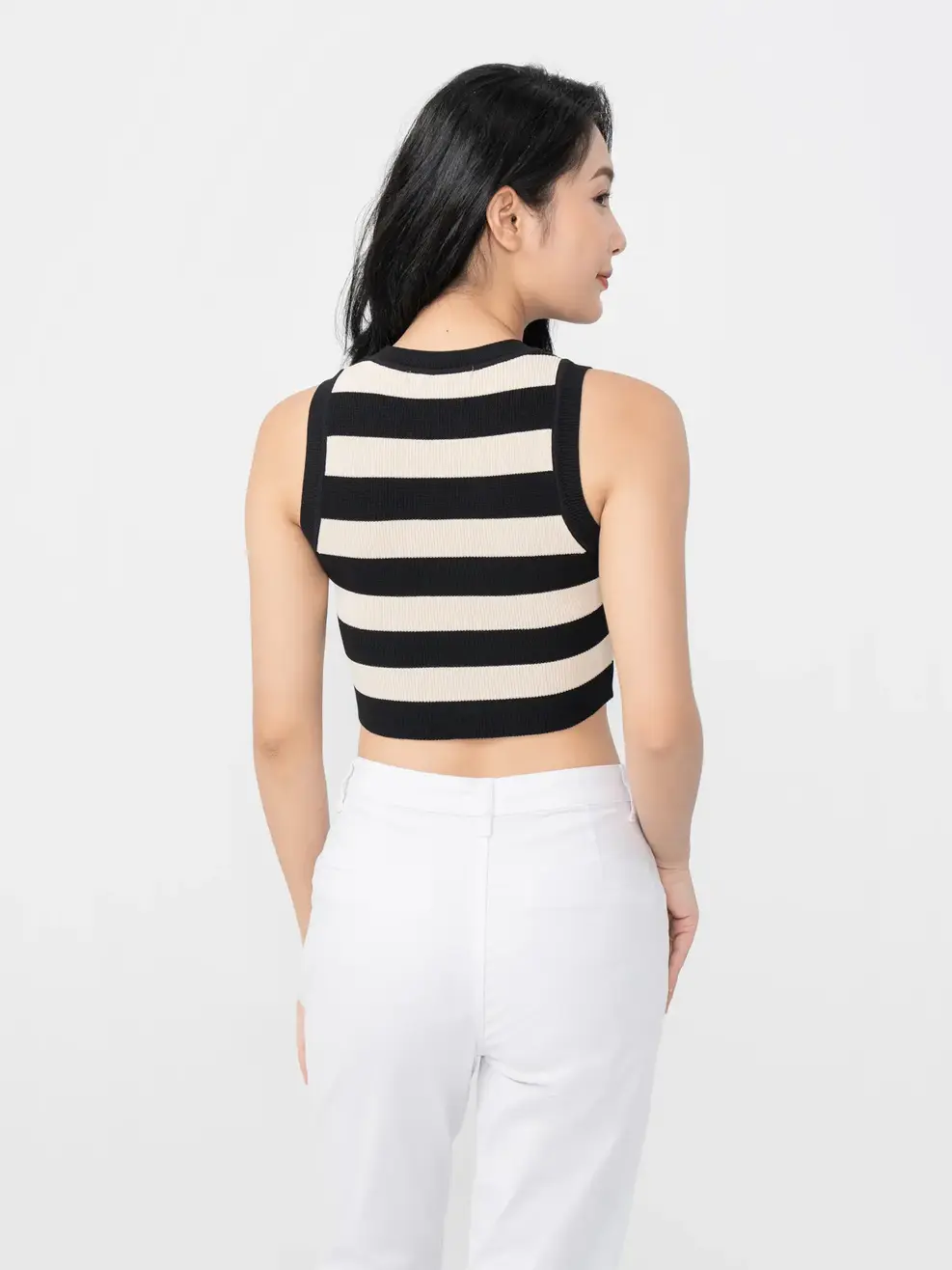 Áo Nữ Dệt 3 Lỗ Kẻ - Be đen - S