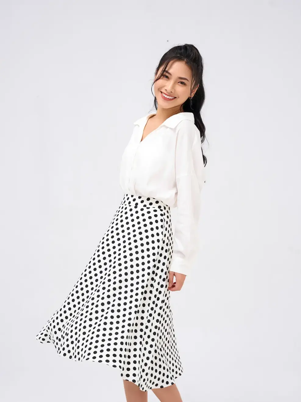 Chân váy nữ xòe chấm bi - Trắng - M