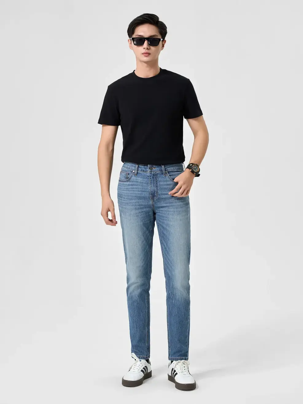 Quần Jean Nam Slim Fit Light Weight Cào Xước  - xanh trung - 34