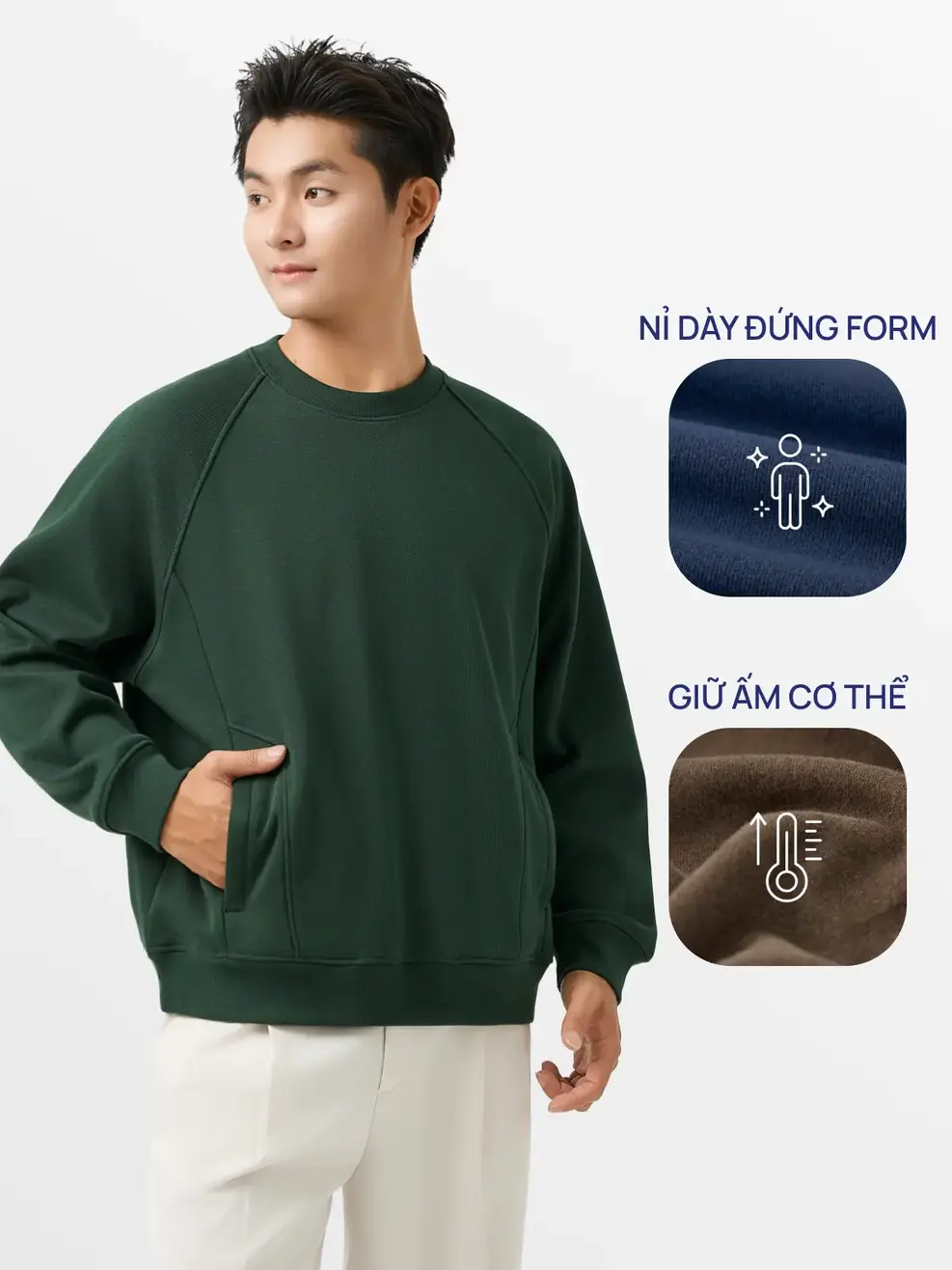 Áo Nỉ Nam Tay Raglan Bo Gấu Túi Khoá - Xanh Lá 127 - M