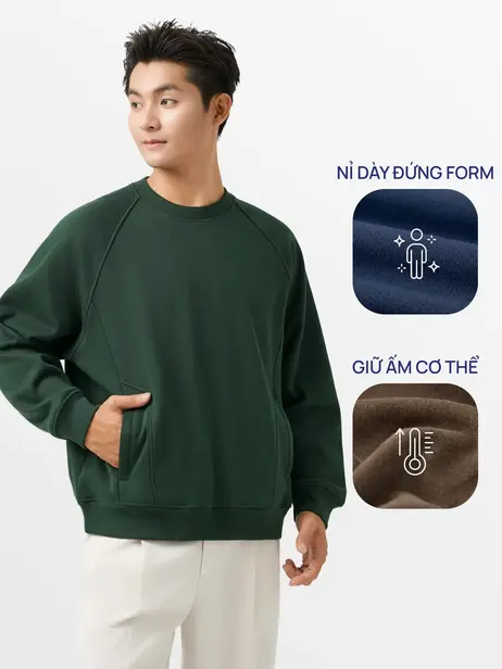 Áo Nỉ Nam Tay Raglan Bo Gấu Túi Khoá