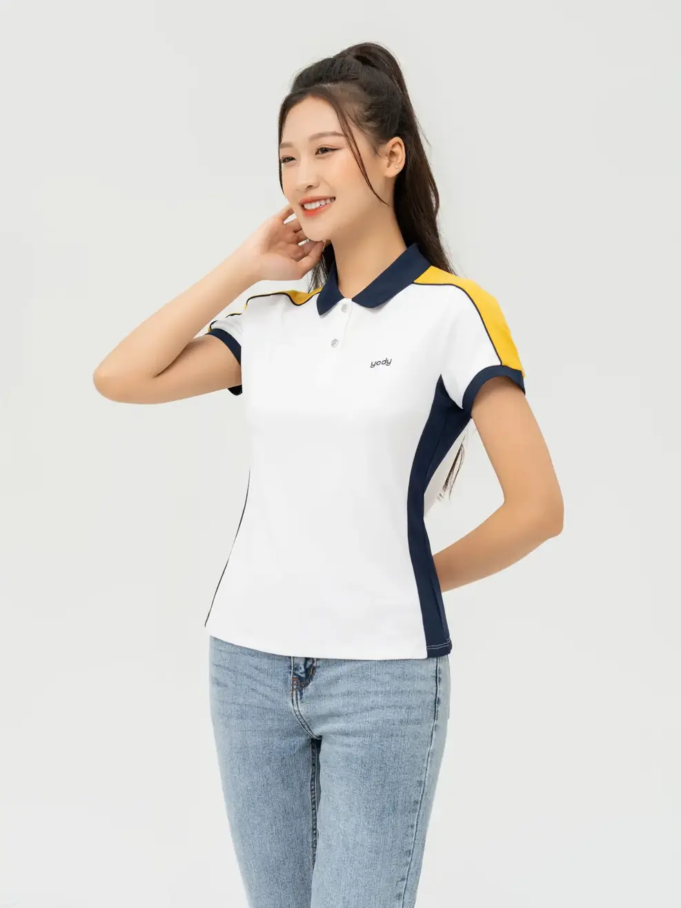 Polo Nữ Cafe Dệt Tổ Ong Phối 3 Màu - Trắng phối vàng - S