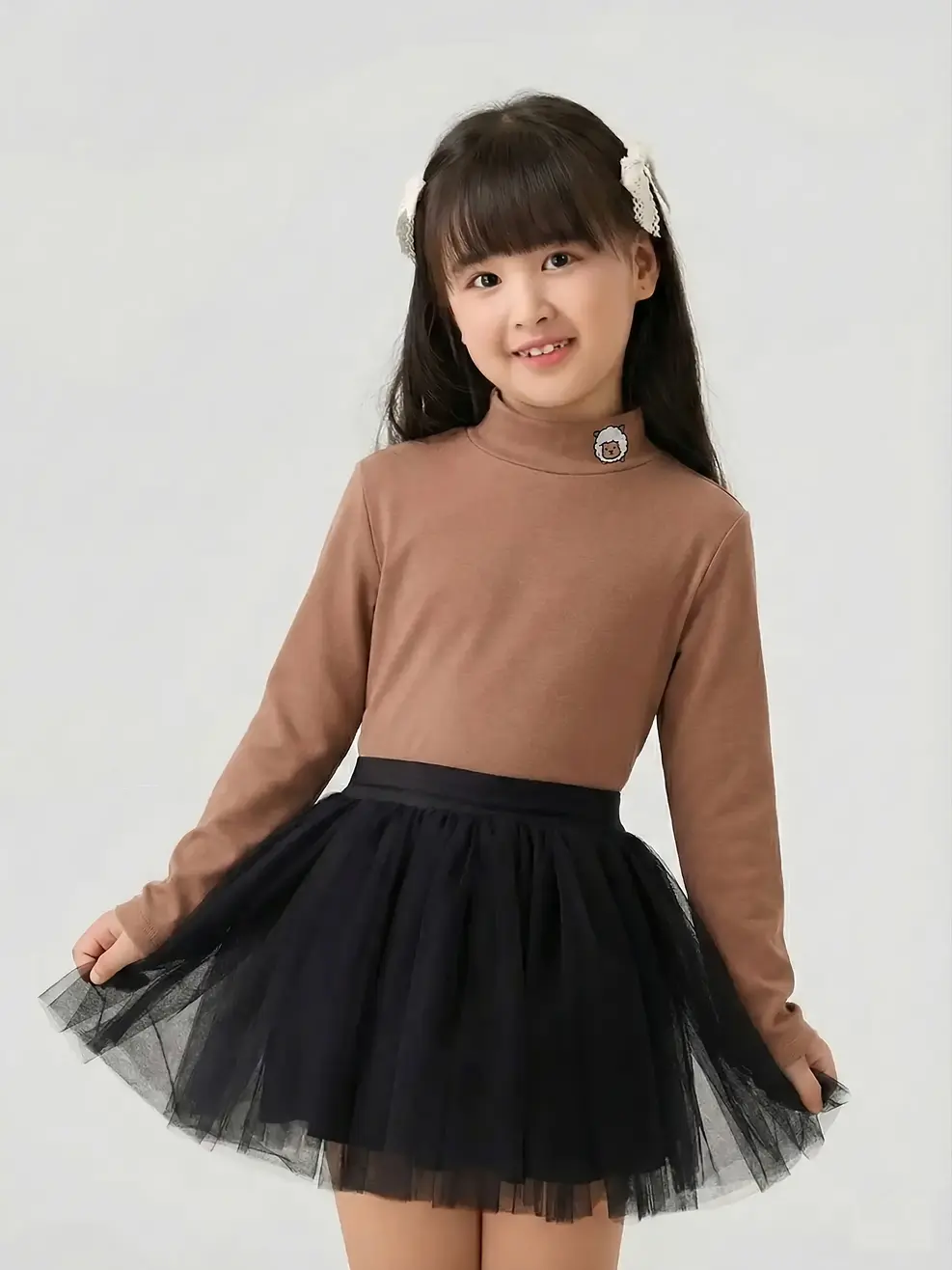 Áo Thu Đông Trẻ Em Cổ Liền Thêu Cừu - Nâu cam - 4-5