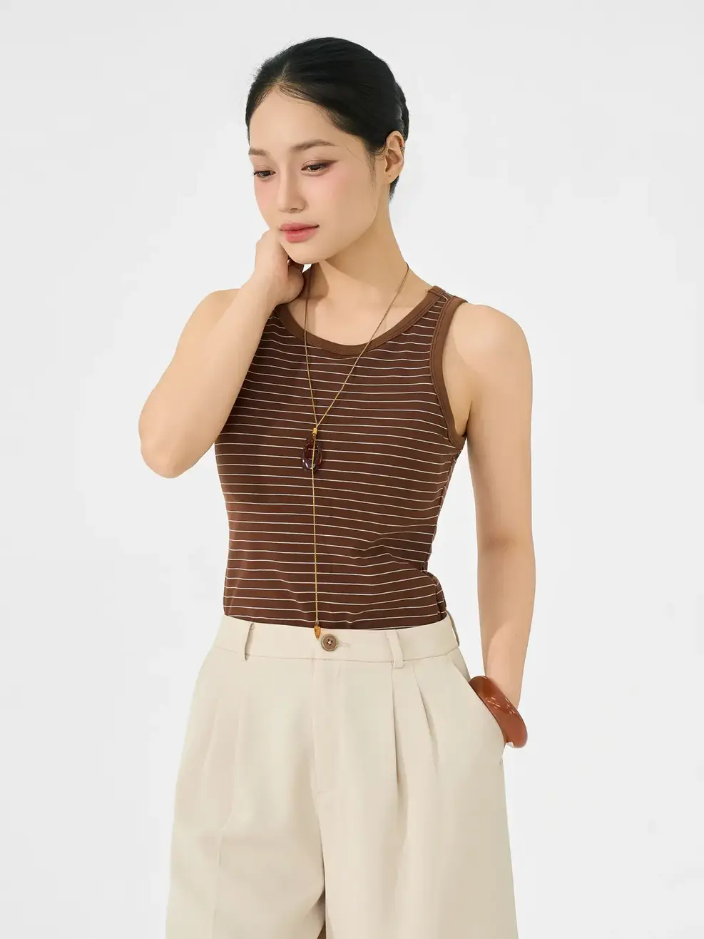 Áo Ba Lỗ Nữ Đệm Ngực Liền - Kẻ Nâu 128 - S