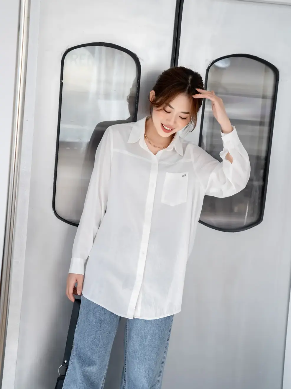 Sơ mi dài tay nữ thô đũi - Trắng - S