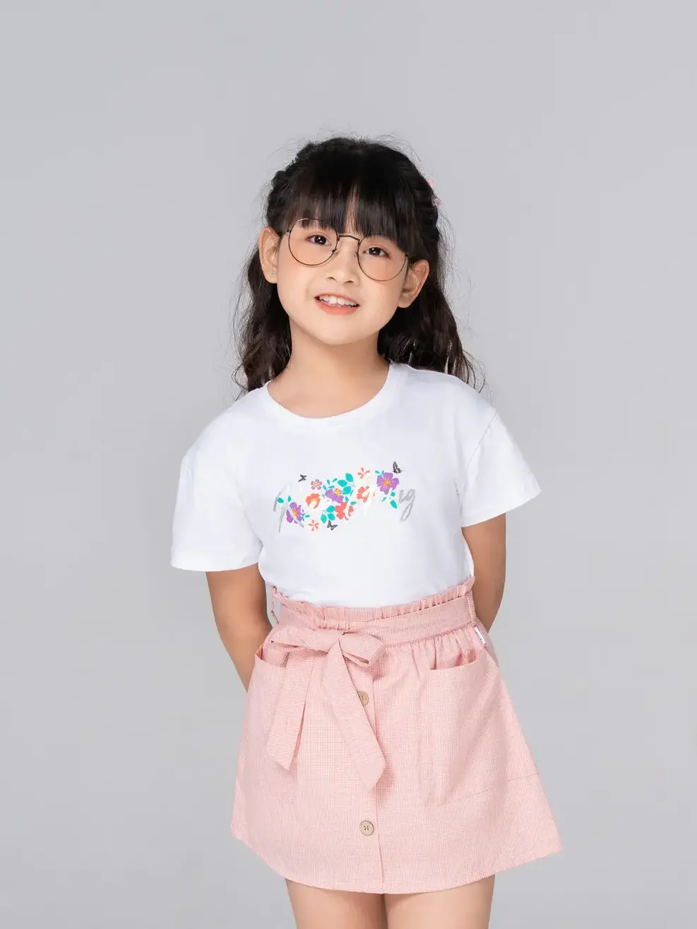 Chân váy kid nhỏ A túi vuông đai nơ - Hồng - 6