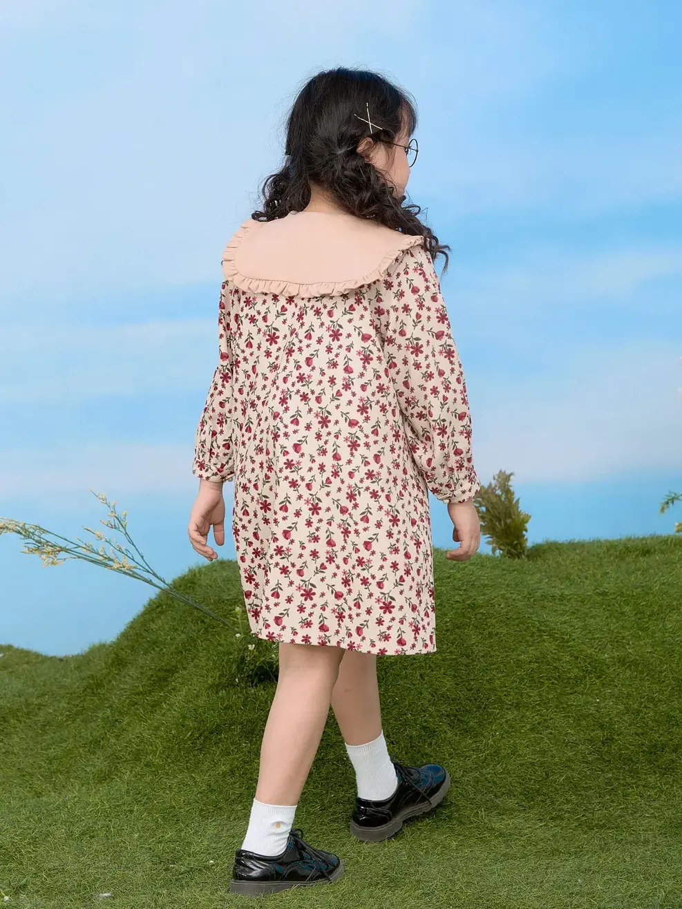 Váy trẻ em dáng xuông cổ rời - Hoa đỏ - 2