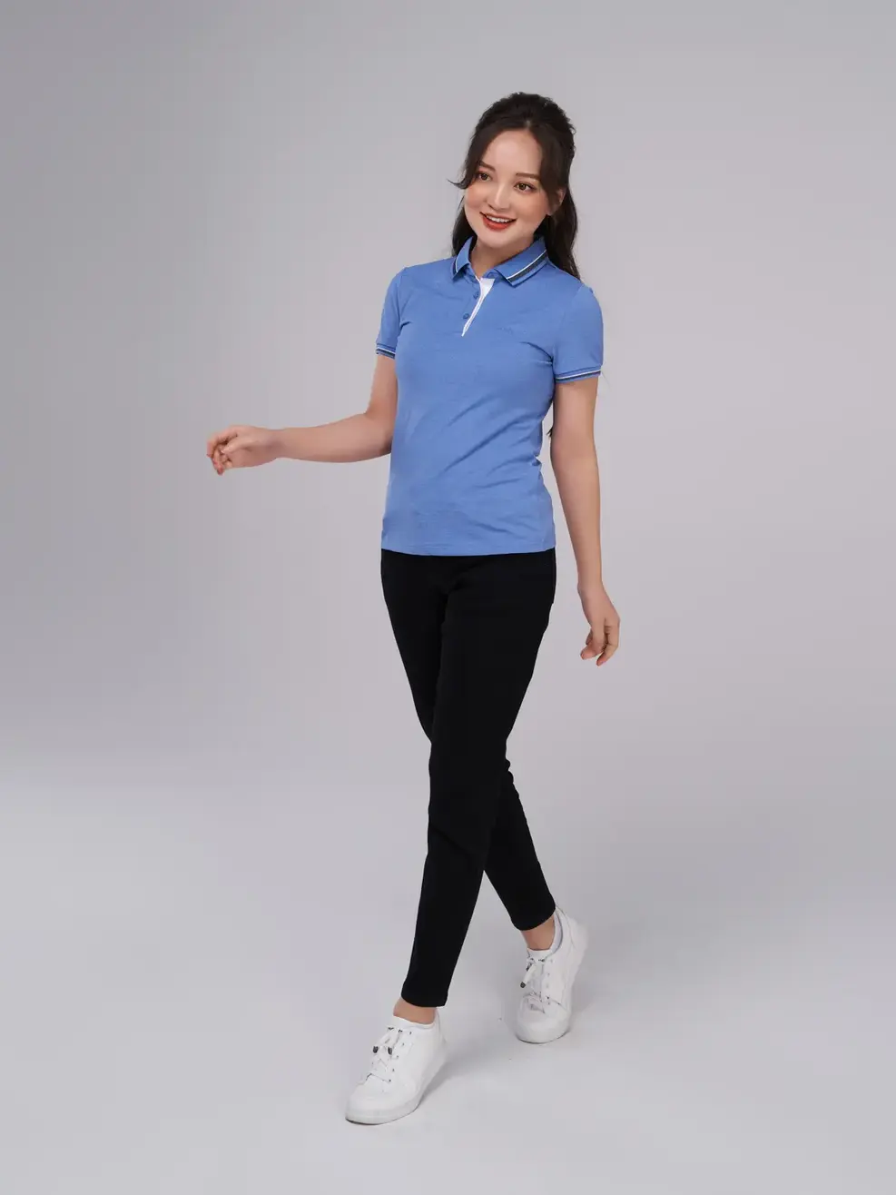 Polo nữ sợi xe phối nẹp - Xanh dương - XL