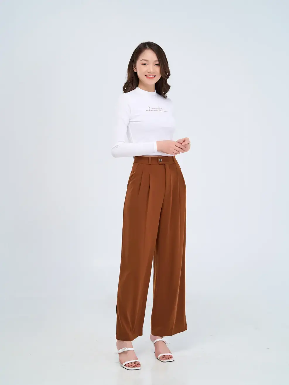 Quần suông mềm xẻ gấu cạp cao - Nâu - L