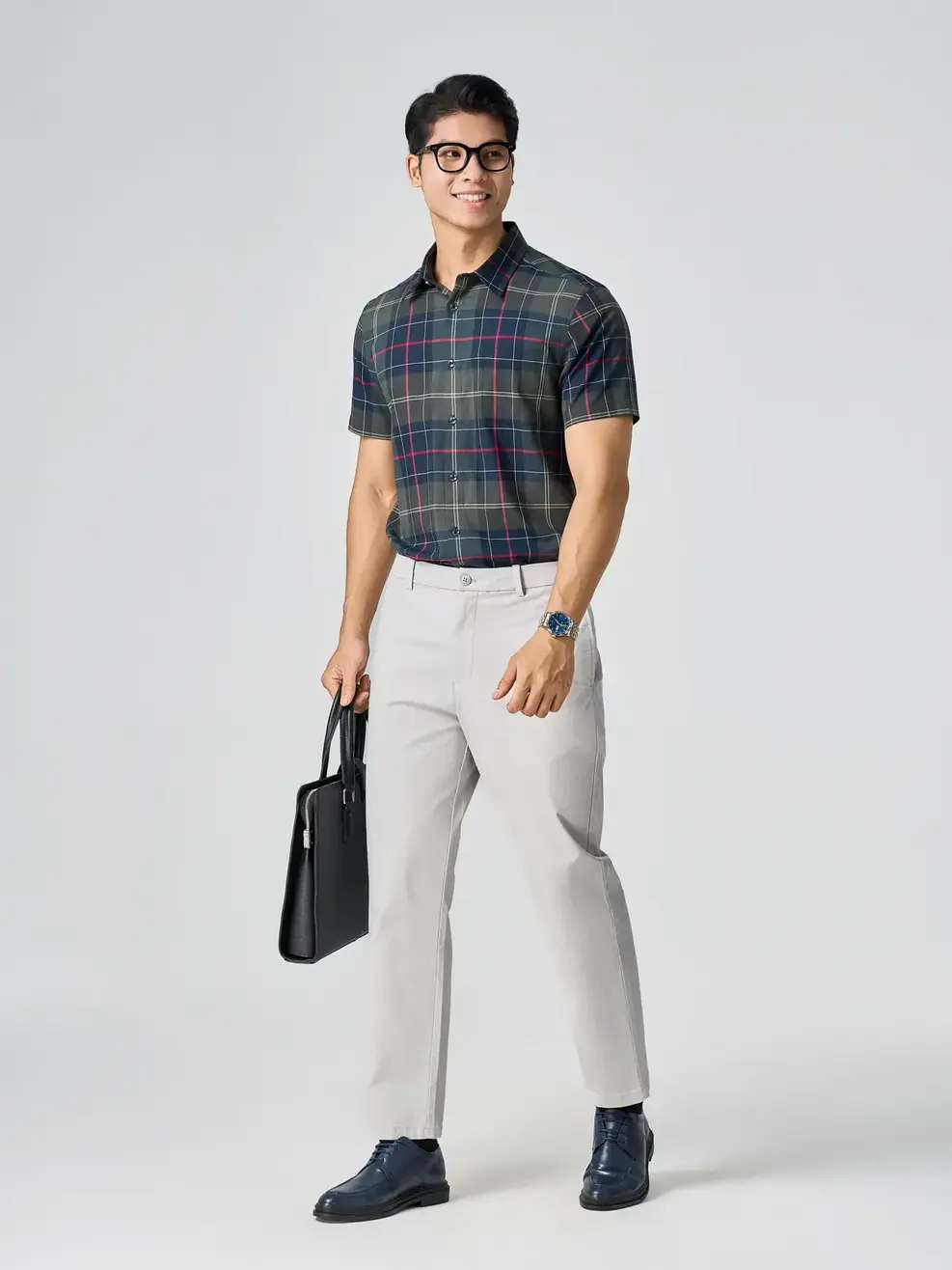 Áo Sơ-mi Nam Kẻ Caro Túi Ngực - Kẻ Tím Than 100 - S