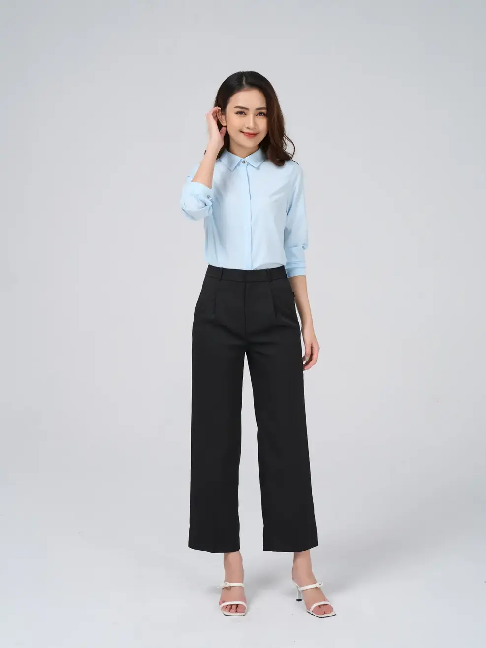Sơ mi dài tay nữ nano office - Xanh - S