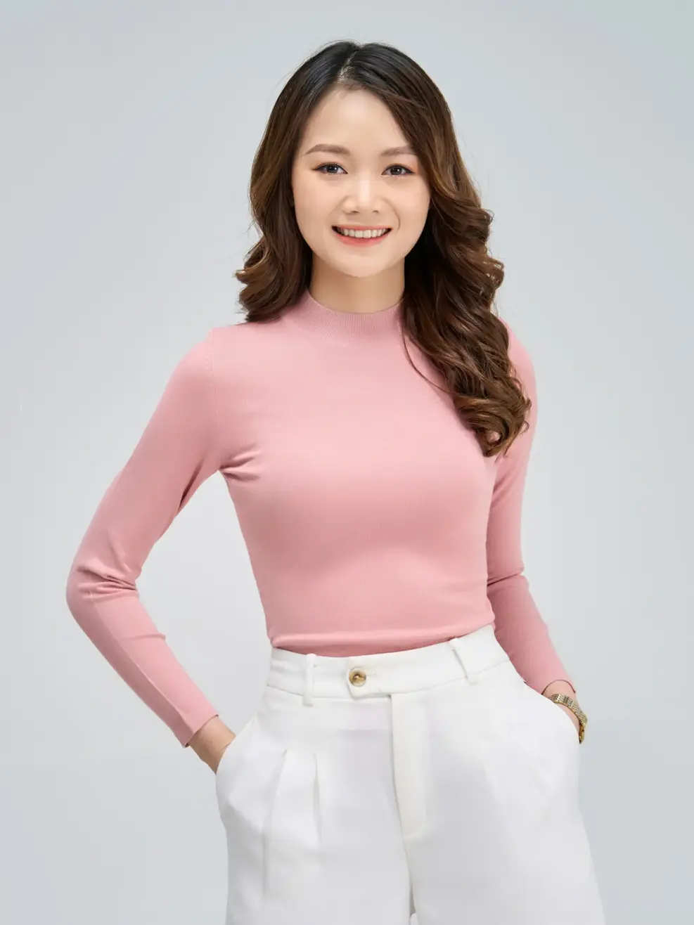 Áo len nữ cổ 3 cm cơ bản mỏng - Hồng - M