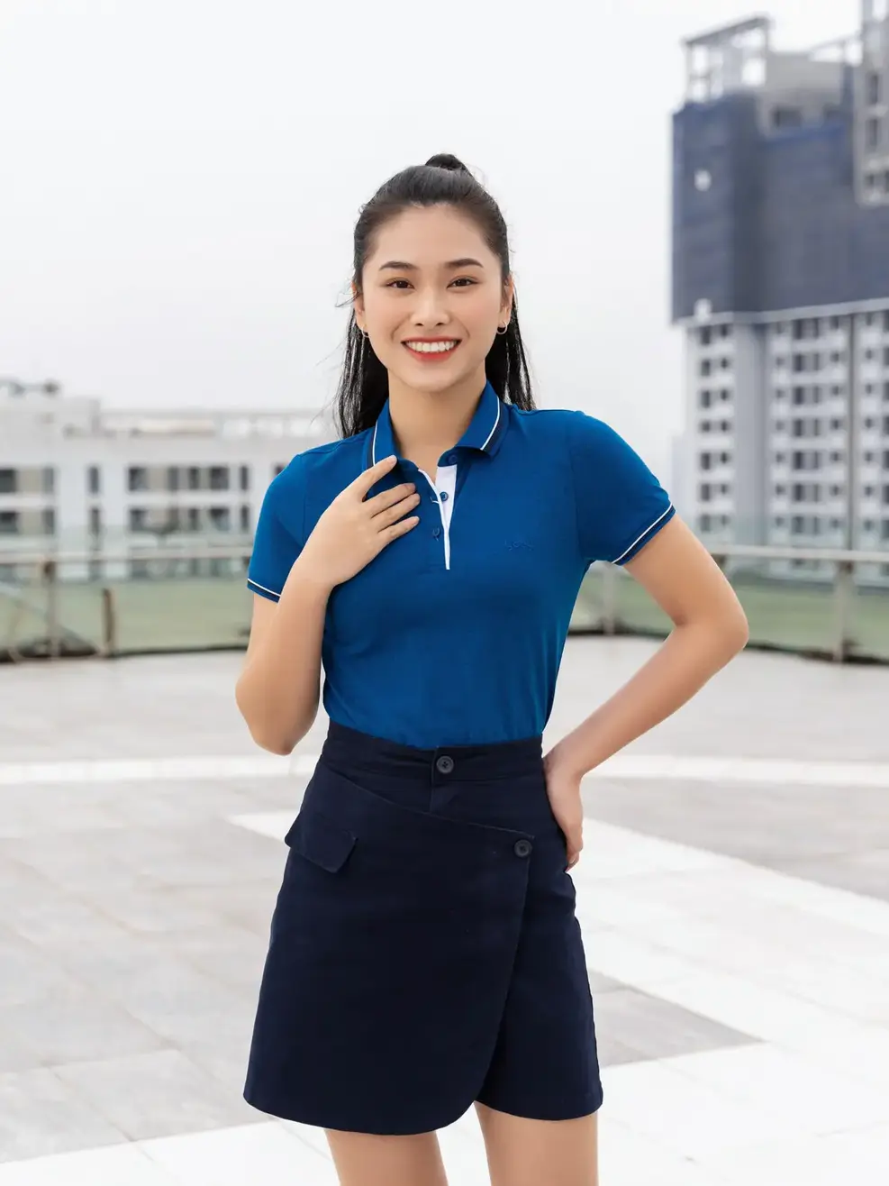 Polo nữ sợi xe phối nẹp - Xanh biển đậm - M